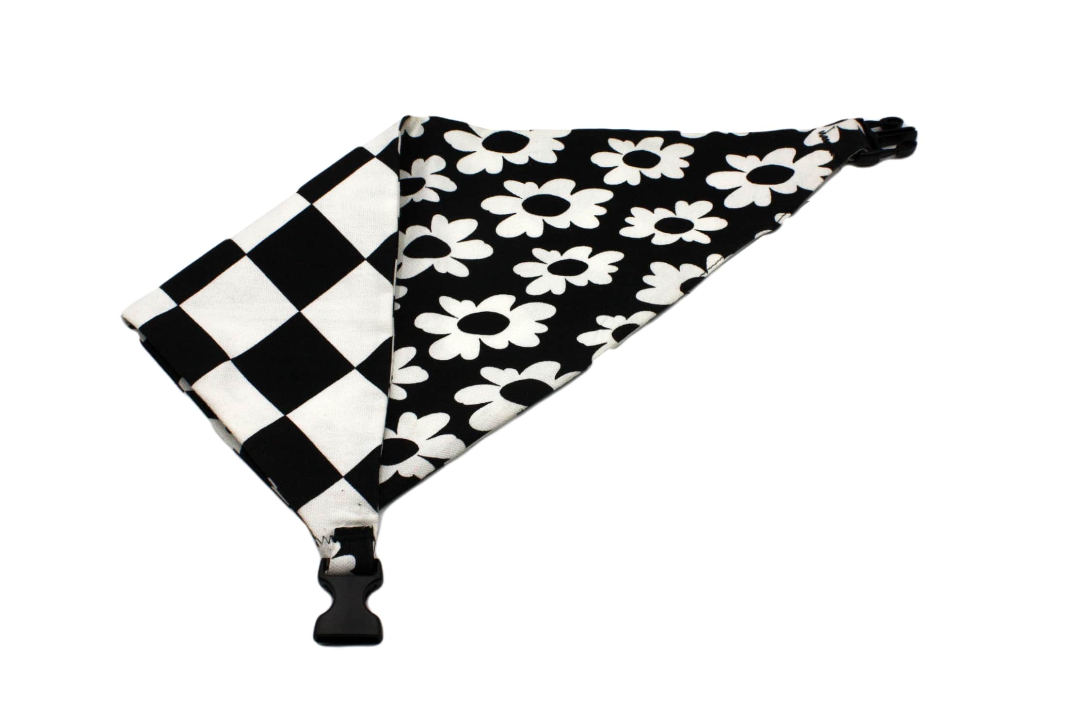 Black White Flower with Checkerboard Reversible Dog Bandana