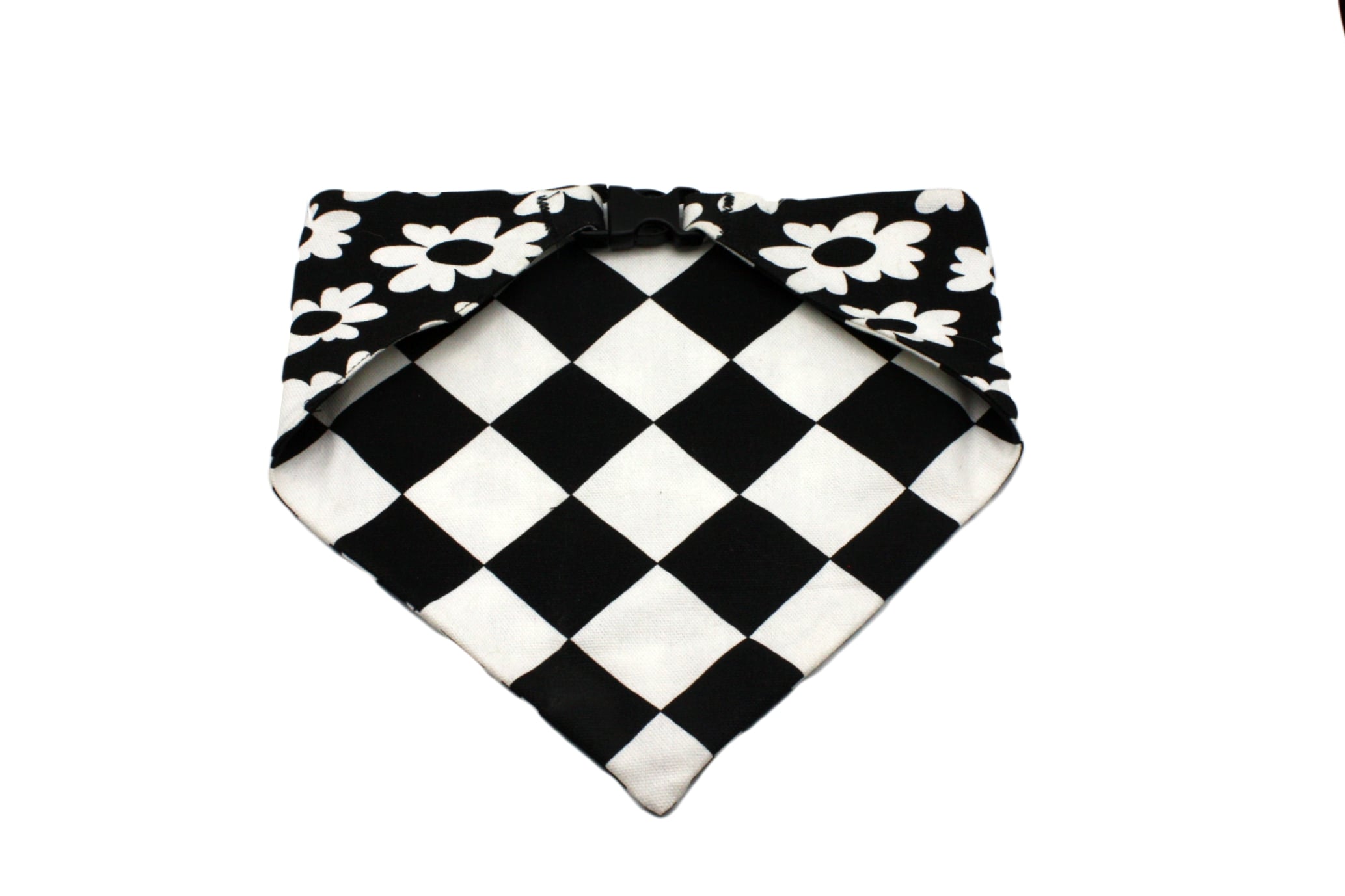 Black White Flower with Checkerboard Reversible Dog Bandana