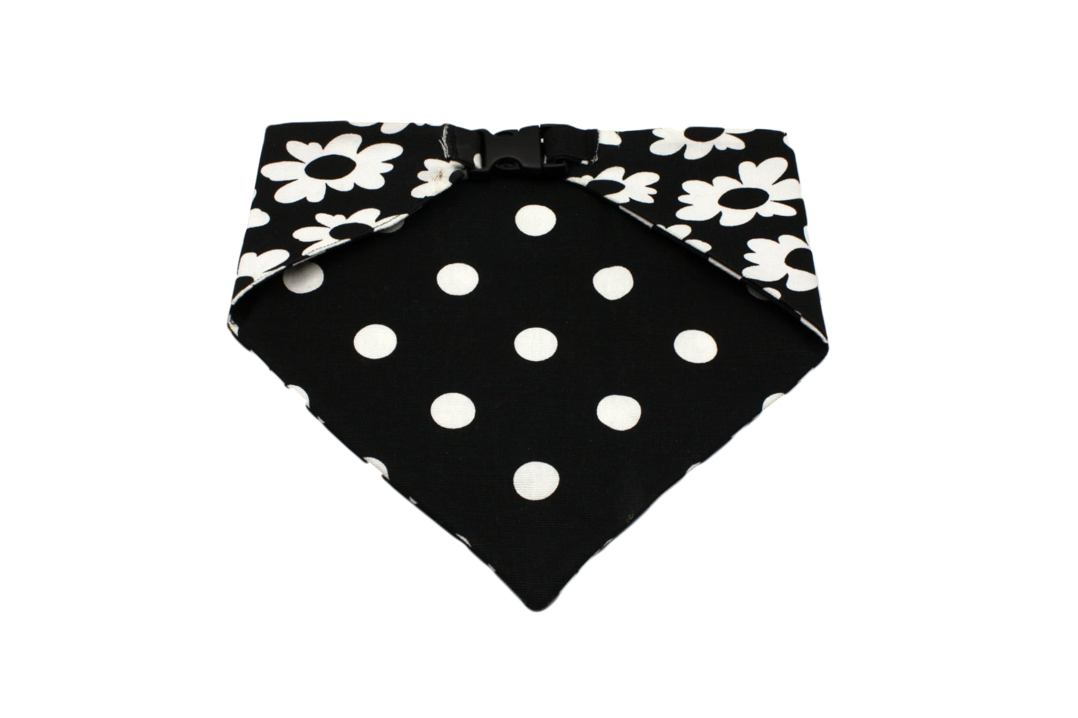 Black White Flower and Polka Dots Reversible Dog Bandana